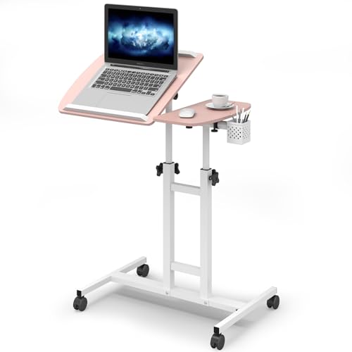 Warmiehomy Höhenverstellbarer Schreibtisch Laptoptisch mit Rollen Computertische mit Maustablett Mobiler Beistelltisch mit Stifthalter Klappbarer PC Tisch Study Table für Home Office,Bett,Sofa Rosa