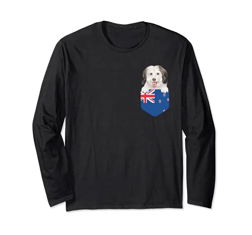 New Zealand Flag Coton de Tulear Dog In Pocket Long Sleeve T-Shirt, Black