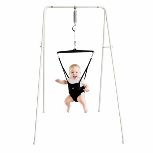 Image of Jolly Jumper Classic with Stand - Black Saddle | The Original Baby Jumper, Indoor and Outdoor Exercise Saddle Seat, Adjustable Height, for Infants up to 28lbs