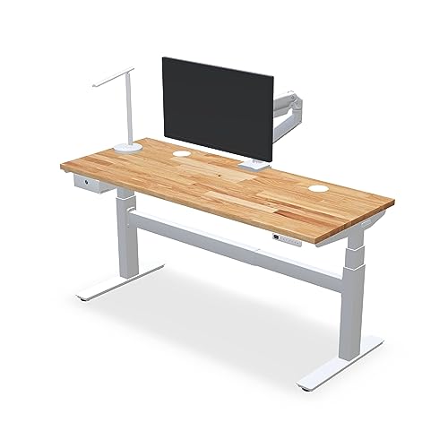 Image of UPLIFT DESK - V2 Rubberwood Butcher Block (42 x 24 inch) 1.5 inch Desktop Standing Desk, Height Adjustable Commercial Frame (White), Advanced Keypad, Wire Grommets, Wire Tray, Rocker Board