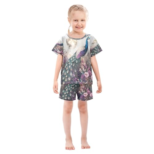 ALAZA Peacock Peony Blossom Bird Moon Pajamas Set Short Sleeve Cotton Sleepwear Summer Pjs 2 Piece 5-14Y3