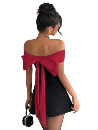 Image of SOLY HUX Women's Bow Off the Shoulder A Line Wedding Guest Mini Dress
