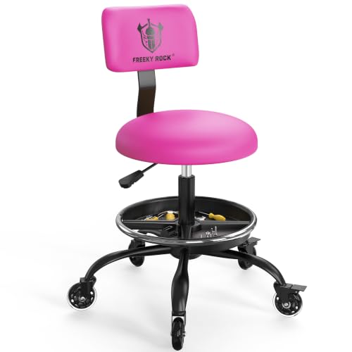 Image of Rolling Shop Stool with Wheels, Garage Stool Chair, Pink