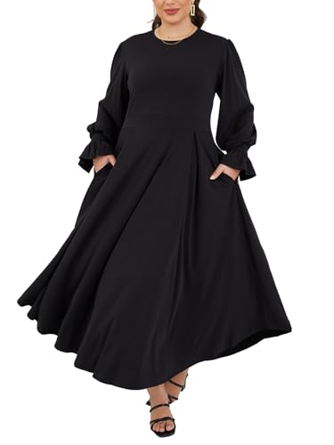Plus Size Maxi Dress for Curvy Women Long Puff Sleeve Crewneck Stretchy Empire Waist A-line Flowy Outfits with Pockets