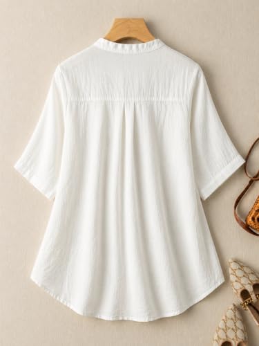 Image of RIEKA Womens Floral Applique Embroidered Fancy Top with Mandarin Collar Button Down Front Half Sleeves Relaxed Fit Casual Tunic Top for Women