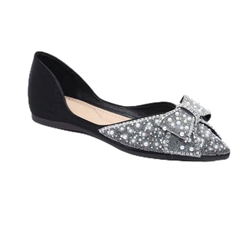 ChaiRong Zhou Women Fashion Shiny Rhinestone Pearl Bowknot Slip on Ballet Flats Low Heel Casual Office Party Wedding Shoes