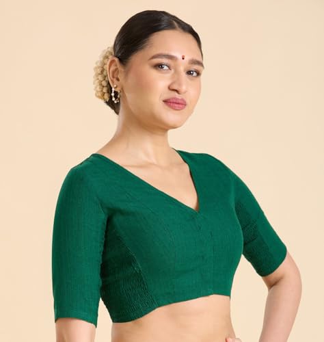 Image of Studio Shringaar Women's Thick Handloom Cotton Plain Side Stretch (Smocked) Readymade Saree Blouse