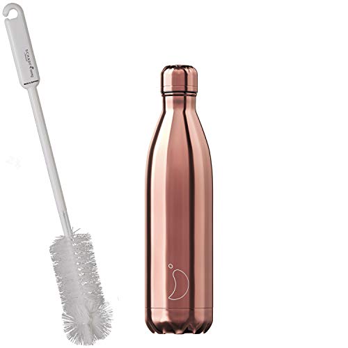 CHILLYs Trinkflasche & Isolierflasche Chrome Rosé Gold Bottle - Edelstahl Thermos Wasserflasche - Flasche hält 24 Std. kalt & 12 Std. heiß + SCHARFsinnig Flaschenbürste