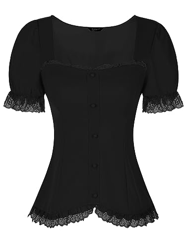Allegra K Victorian Shirt for Women's Sweetheart Neck Puff Sleeve Halloween Lace Up Gothic Blouse