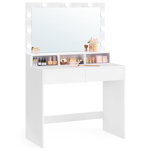 VASAGLE Kailyn Colección - Tocador, Mesa de Maquillaje con Espejo y Luces LED, Luz Ajustable en 3 Colores, 2 Cajones y 3 Compartimentos, Moderno, Blanco Nube RDT120T10