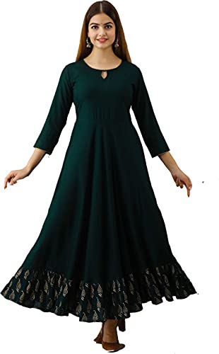 Image of Kimayra Fashion Women's Printed Rayon Flared Kurta, Designer Anarkali Kurta Kurtis top Tunic Ethnic Dresses for Girls