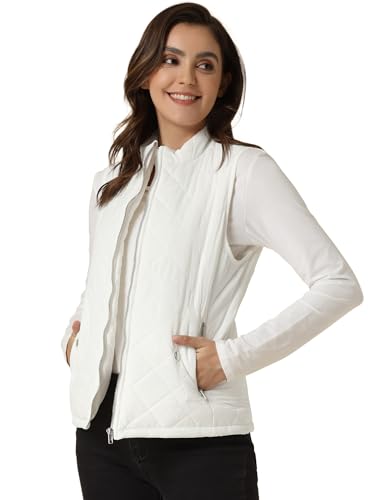 Allegra K Women's Puffer Vest Stand Collar Lightweight Gilet Quilted Zip Vest Medium Ivory