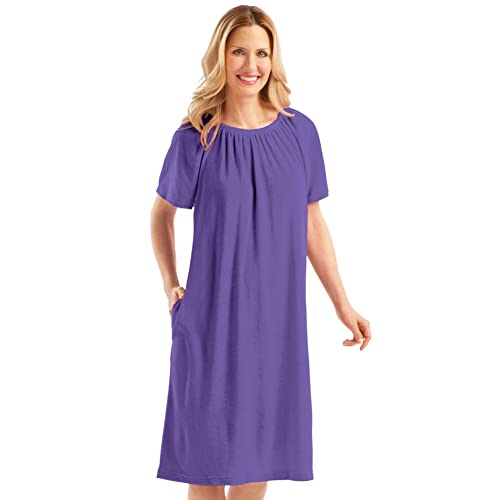 Collections Etc Women's Solid Color Comfort Fit Short-Sleeve Terry Cotton Summer Dress with Side Pockets and Elastic Scooped Neckline, Purple, X-Large