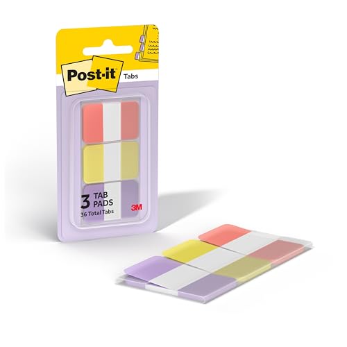 Post-it Pestañas adhesivas, 1 pulgada x 1.5 pulgadas, 3 blocs de pestañas de libro en varios colores pastel cálidos para marcar, anotar, leer y recordatorios, colores naranja, amarillo y morado (36