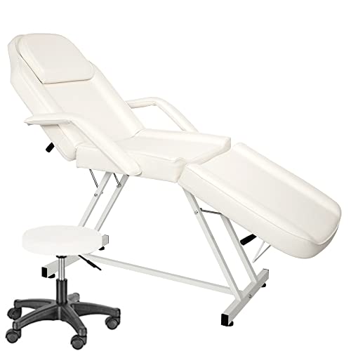 Table de Massage Pliante Professionnelle avec Tabouret à Roulettes Legere Aluminium Housse Table Massage Lit Cosmétique Massage 3 Sections Portable Ergonomique Blanc Cover