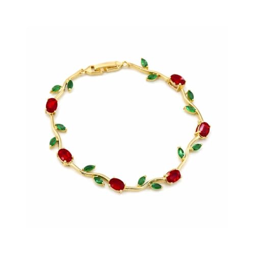 Image of VIEN Rose Vine Bracelet for Women | 14K Gold Plated Brass, Red Cubic Zirconia & Emerald Stones | Floral Link Design for Anniversaries, Birthdays & Festive Gifting | Fold Over Clasp, 20cm