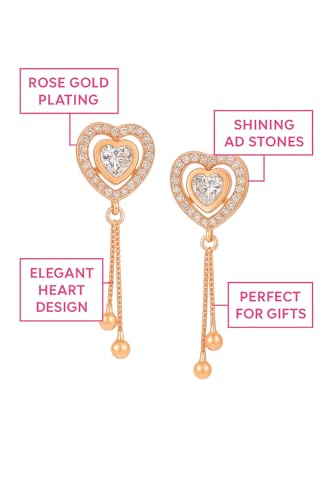 Image of Nilus Collection Rose Gold Plated Heart Design Dangling Earrings with American Diamond Stones For Women And Girls | Gift For Her | Rose gold wedding gift |Romantic gift for women
