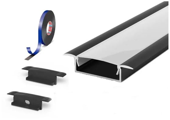 2 Metre Recessed Black LED Profile P14-1 C/W Clips, End Caps & Opal Cover | Perfect for Bedroom, Stairs, Hallway, Kitchen, Cabinet (30.8mm x 9.2mm)