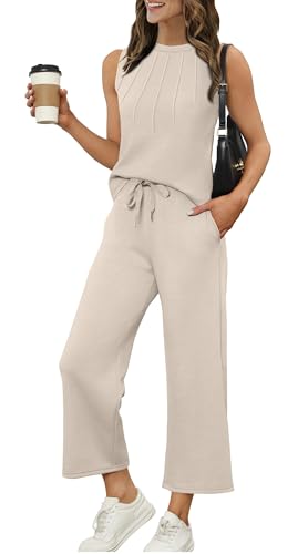 Image of WIHOLL Two Piece Sets for Women Summer Vacation Travel Outfits Pleated Tank Top Wide Leg Crop Pants Matching Lounge Sets