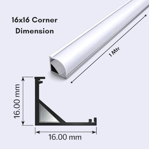 Image of LED Aluminum Corner Profile Channel Pack with Diffuser Cover, End Caps & Mounting Clips - 1 Meter LED Strip Housing for Cabinet, Shelf, Wardrobe & Ceiling Lighting (Pack of 6) 16x16mm