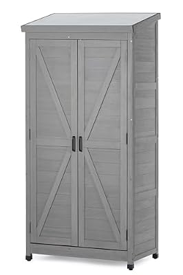 Outdoor Wooden Storage Shed with Metal Top, Tall Vertical Tool Cabinet for Backyard Garden Patio Lawn