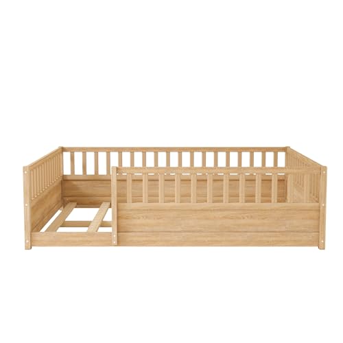 Image of Bellemave Queen Size Kids Montessori Floor Bed,Solid Wood Floor Bed Frame with High Fence and Door for Kids,Girls,Boys,Natural