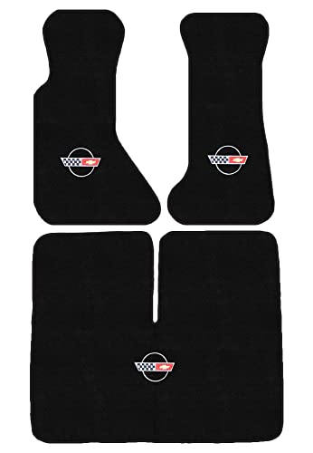 AveryAutoMats Custom Fit 3 Piece Carpet Floor Mats Compatible with 1984-1996 Corvette Coupe with Silver C4 Flag Logo - Black
