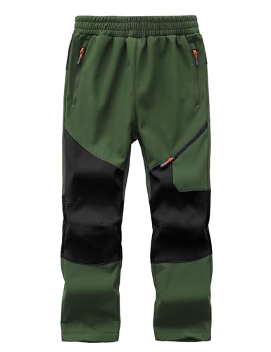 Buyboxs Kids Snow Pants Boys Waterproof Ski Pants Youth Winter Warm Fleece Lined Hiking Trousers Softshell Snowpants Military Green+Black-L