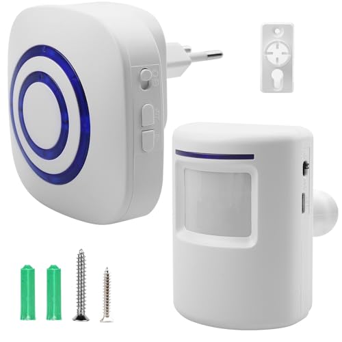 Alarma de paso inalámbrica, campana de carga, sistema de alarma inalámbrica con 1 receptor electrónico plug-in, 1 detector de movimiento PIR, detector de paso, timbre de puerta, alarma inalámbrica con