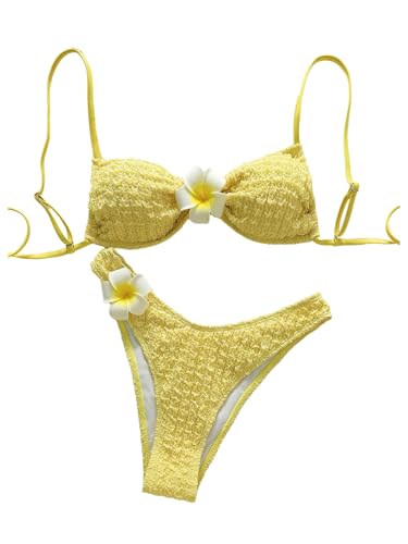 MakeMeChic Women's 3D Flower Bikini Set Textured Tie Back Spaghetti Strap Swimsuit Beachwear