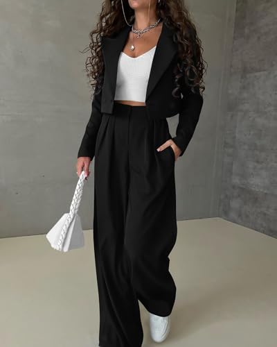 KIRUNDO Blazer Sets Women 2 Piece Outfits Casual Cropped Blazer Jackets High Waist Wide Leg Pant Suits Dressy Office Clothes(Black, Small) - Image 5