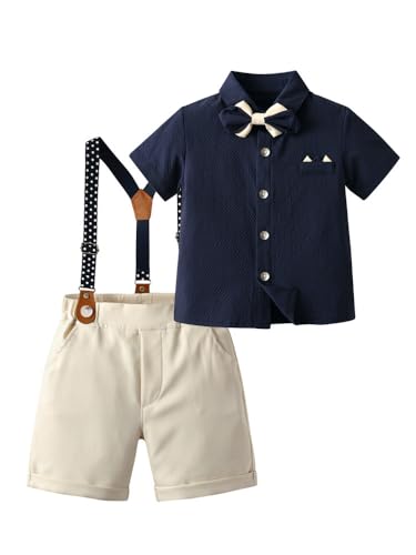 Image of SANGTREE Baby Shorts Dress Clothes Set, T-Shirt + Bowtie + Suspender Shorts Outfit, 3 Months - 14 Years