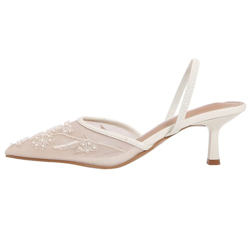 YIYA Women's White Embroidered Mesh Slingback Wedding Bridal Heels Closed Pointed Toe Stiletto Pearl Kitten Heels Party Dress Pumps Shoes2