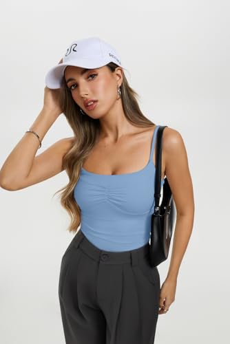 REORIA Womens Sexy Square Neck Tank Tops Adjustable Spaghetti Straps Cami Shirts Summer Basic Double Lined Y2K Trendy Going Out Tops, Blue Large — view 5