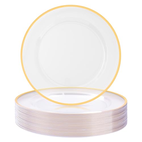 BESTSTAR 50 Pack 12 Inch Clear Charger Plates with Gold Rim | Disposable Plastic Table Decor Set for Party, Wedding, Dinner & Special Events