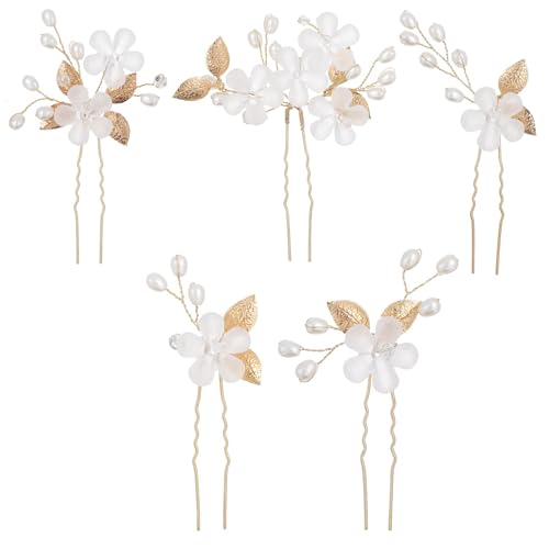 Broche Cheveux Mariage,5 PCS Épingle à Cheveux de Mariage Accessoires de Cheveuxs Mariages U-Shaped avec Fleurs Feuilles Perles et Strass pour Femme Fête...