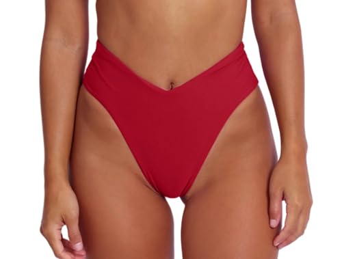 Red High Cut Bathing Suit for Women Cute V Cut High Waisted High Leg Thong Bikini Bottom XL
