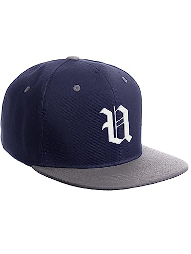Daxton Classic Snapback Hat Old English Font Alphabet A to Z Flat Bill Visor Cap, Navy Light Grey Hat, White U