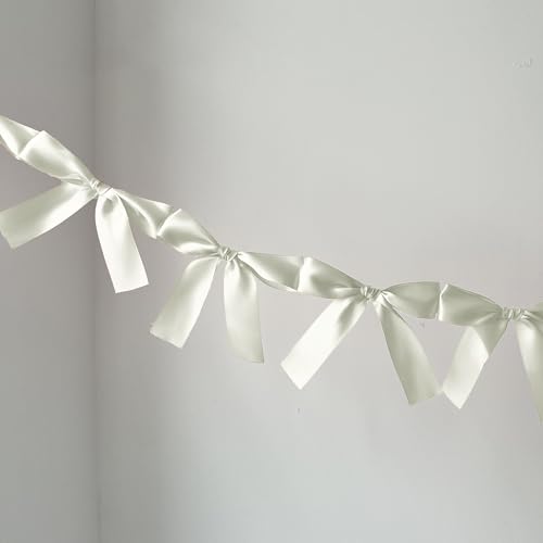 Image of Bow Knot Garland | 6ft Linking Satin Bow Banner with 3ft Extend Ribbon for Coquette Bachelorette Party, Baby Shower,Bridal Shower Wedding Baby Room Bed Decor (Ivory, 6ft)