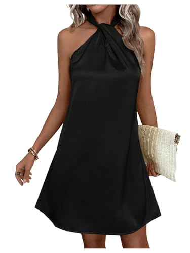 Floerns Women's Pearl Beaded Halter Twist Sleeveless Tie Back Dress A Line Dress Silk Black Medium