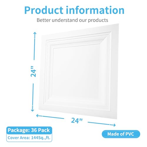Image of Art3d 36-Pack Square Drop Ceiling Tile 2ft x 2ft in White, PVC Ceiling Panel 24 x 24in. - Covers 144 Sq.,ft., Multi-Pack, Compatible with 15 /16 inch Drop Ceiling Grid System