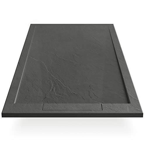 EGO INTERIORS Premium Design Duschwanne 120 x 80 cm Schieferoptik, Grau Matt, Flache Anthrazit Duschtasse aus Mineralguss, Rutschfeste Struktur, Superflach, Rechteckiges Duschbecken