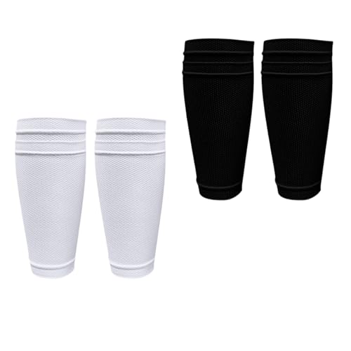 2 pares de caneleiras de futebol com bolso de inserção, respiráveis, para crianças, jovens, adultos (preto, branco)