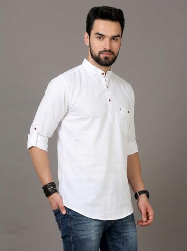 Image of DEEMOON Men's Cotton Blend Full Sleeve Short Kurta with Mandarin Collar Crafted from a Premium Cotton Blend