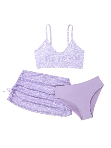 Image of COZYEASE Girls' 3 Piece Set Floral Print Bikini Swimsuit with Drawstring Beach Skirt Cute Ruched Bathing Suit Floral Printed Purple 9 Years