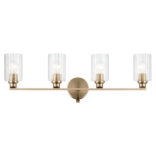 Image of Kichler Gioe 32.25 in 4-Light Bathroom Vanity Light Fixture with Clear Fluted Glass in Champagne Bronze, Damp Rated for Mirror, Powder Room (32.25 in W x 10.5 in H), 55227CPZFLU