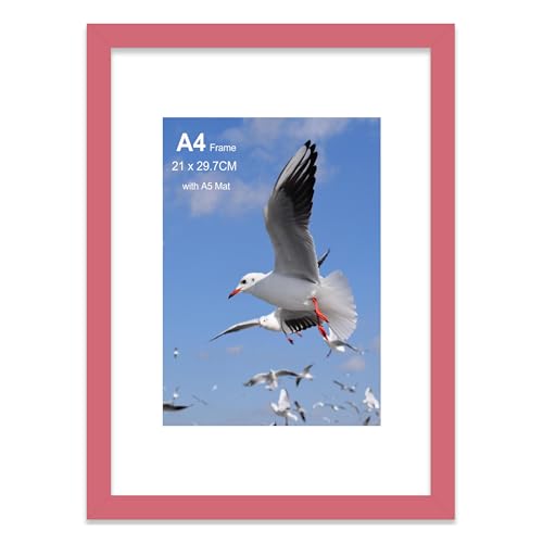 Szyeequoo A4 Pink Picture Frame Fits A4 (21 x 29.7cm - 8.3 x 11.7in) Poster Photo or Print. Portrait and Horizontal Wall Hooks/Kickstand Wall Art Display Matted to A5 Picture frame