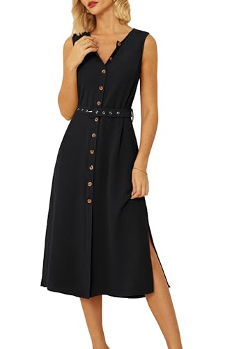 GRACE KARIN Women Casual Summer Dress 2025 Business Work Belted Sleeveless Button Down Shirt Midi Dresses with Pockets