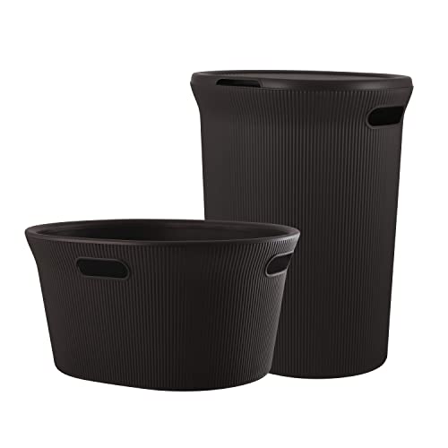Image of Superio Ribbed Collection - Decorative Plastic Laundry Basket & Laundry Hamper with Lid and Cut-Out Handles, Brown (Set of 2) Organzier for Bedroom Bathroom College Dorm Room
