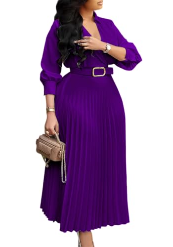 Image of Famnbro Womens Pleated Dress V Neck Long Sleeve A line Church Formal Works Business Dresses with Belt